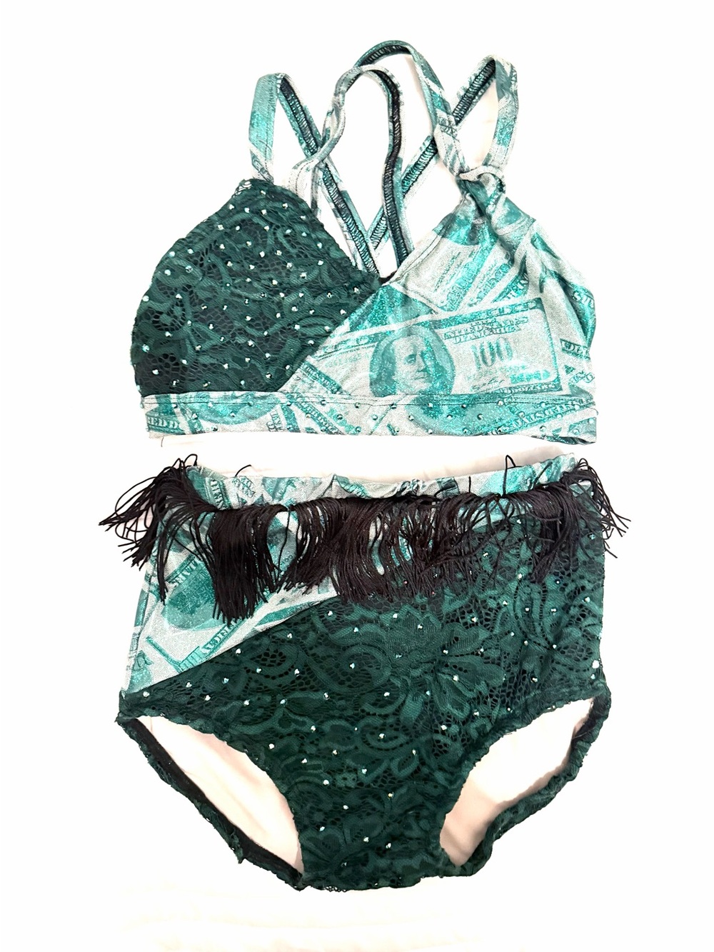 Kids Green Lace Fringe Two-Piece dance costume